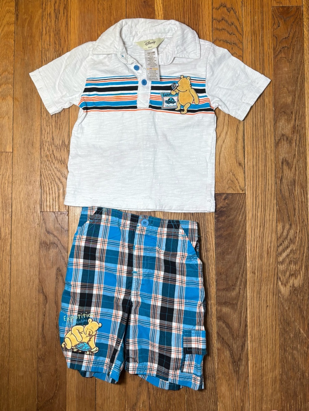 Disney Winnie The Pooh Boys Polo & Plaid Shorts Set - White, Blue, Black